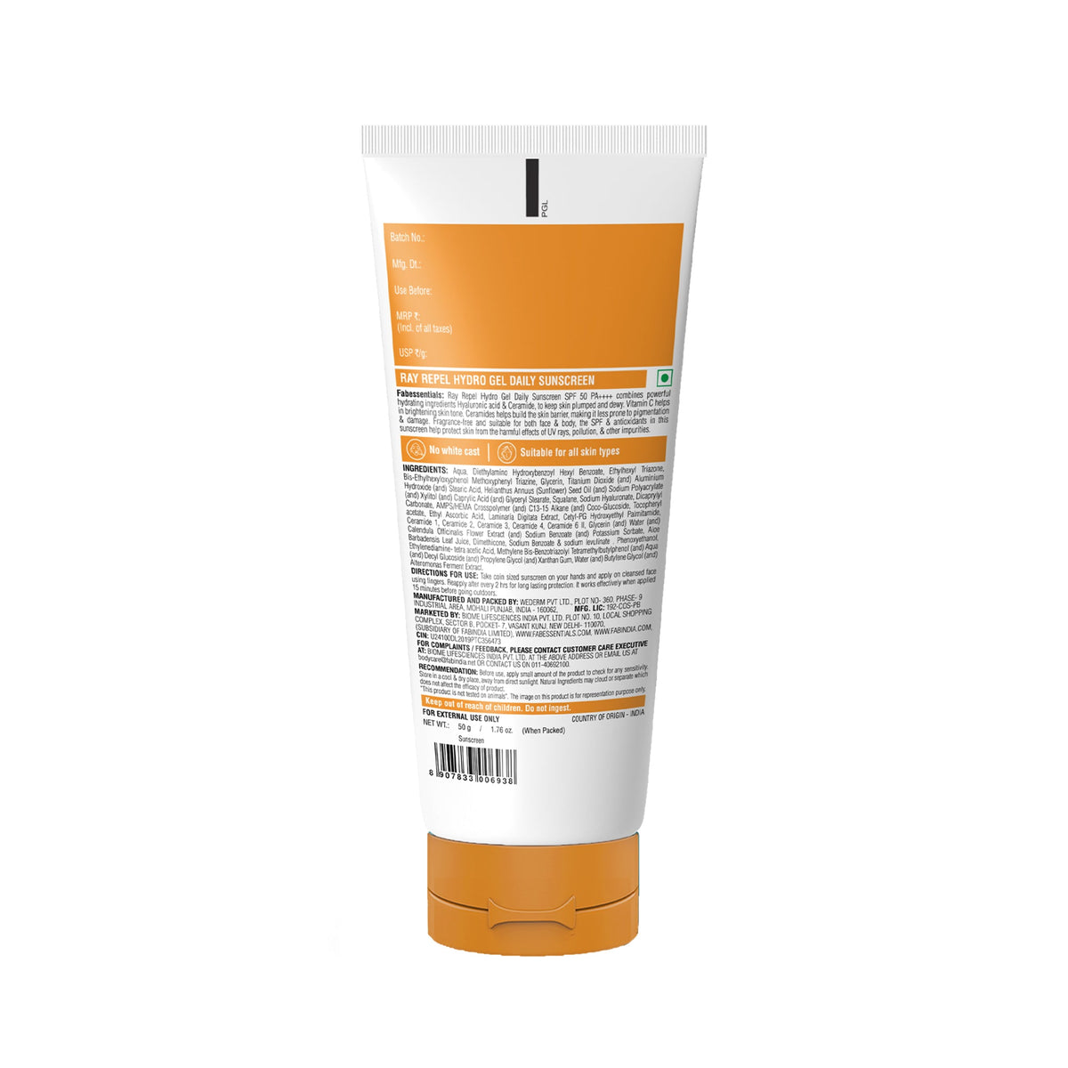 fabessentials Hyaluronic Acid & Vitamin C Ray Repel Hydro gel Daily Sunscreen SPF 50 PA++++ - 50g