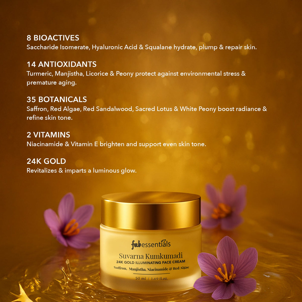 fabessentials Suvarna Kumkumadi 24K Gold Face Cream with Niacinamide & Red Algae 50ml
