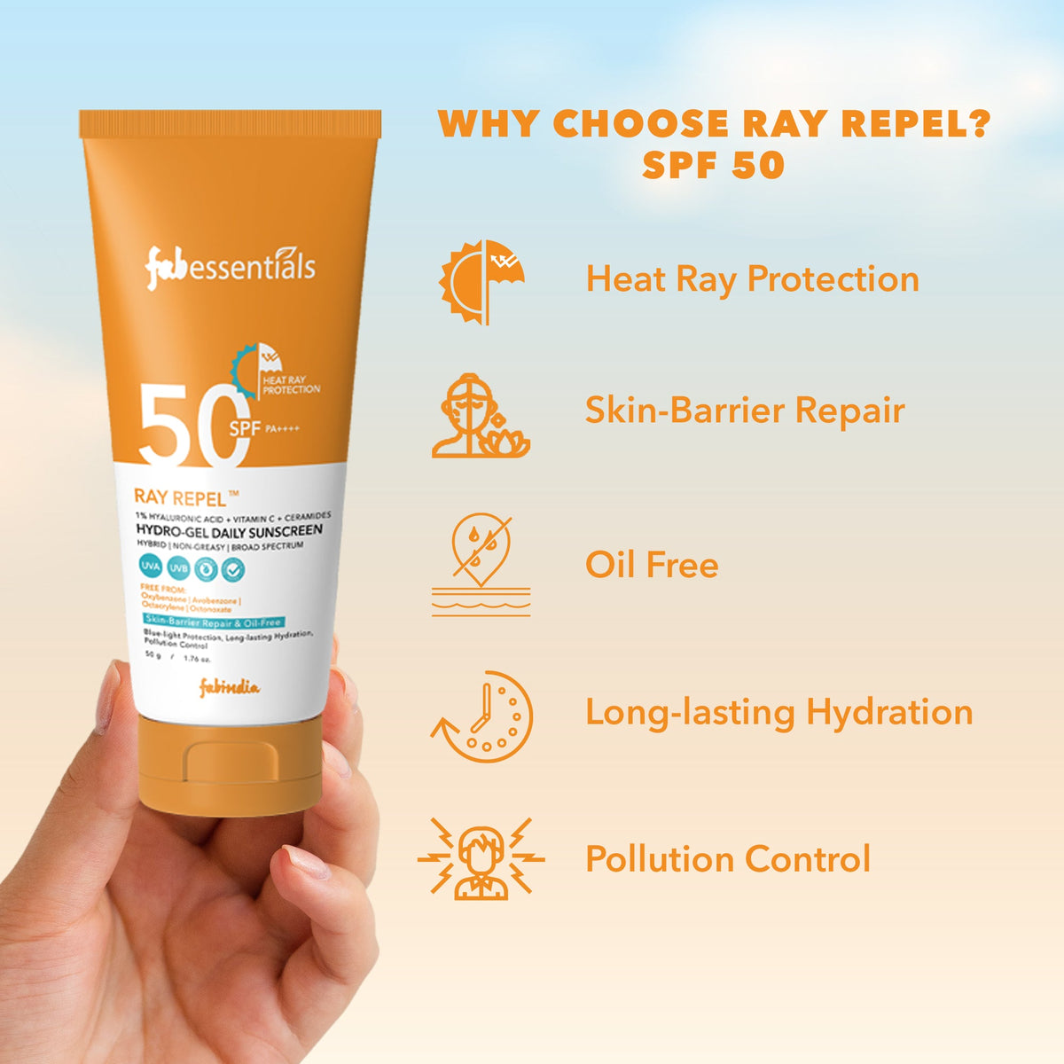fabessentials Hyaluronic Acid & Vitamin C Ray Repel Hydro gel Daily Sunscreen SPF 50 PA++++ - 50g