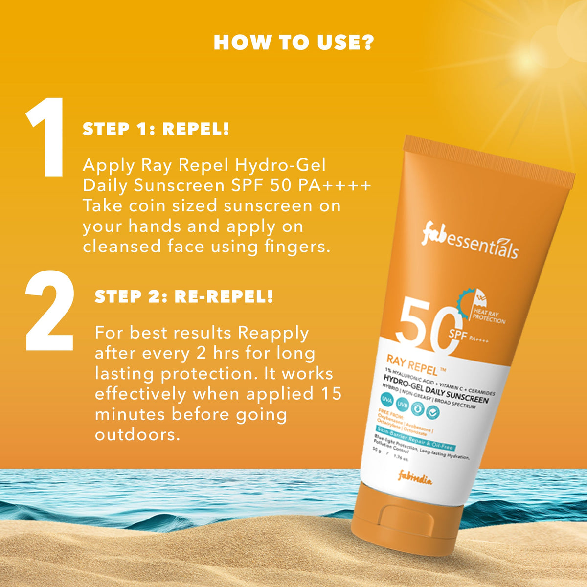 fabessentials Hyaluronic Acid & Vitamin C Ray Repel Hydro gel Daily Sunscreen SPF 50 PA++++ - 50g